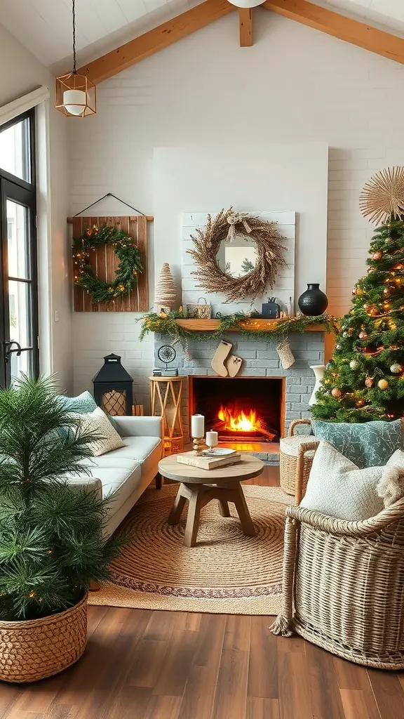 Cozy boho Christmas living room with natural elements like greenery, a fireplace, and warm lighting.