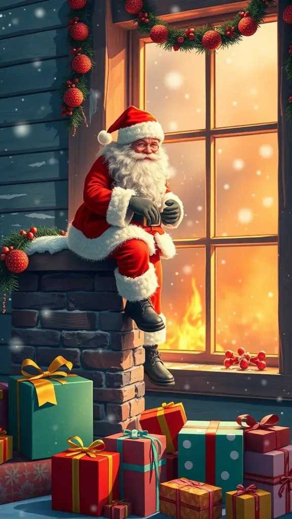 Santa Claus sitting on a chimney with presents around him, looking cozy by a window with a fireplace.