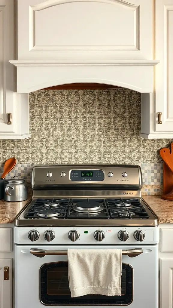 27+ Inspiring Stove Backsplash Ideas You’ll Love 15 A kitchen stove with a vintage tin panel backsplash, showcasing intricate patterns and a warm, inviting atmosphere.