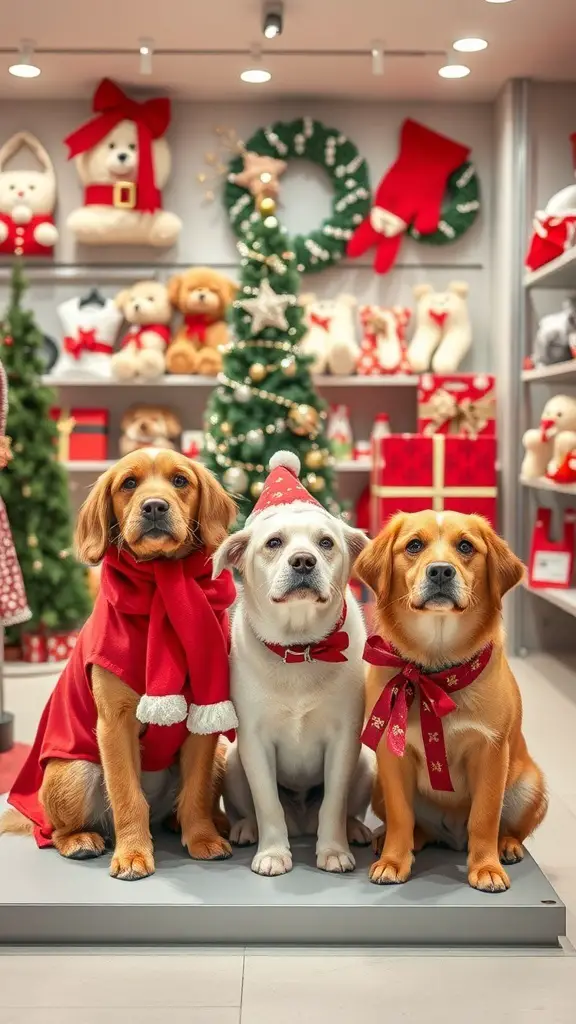 25+ Festive Christmas Store Displays to Inspire Your Retail Space 11 Three dogs in festive attire sitting in a Christmas store display with holiday decorations.