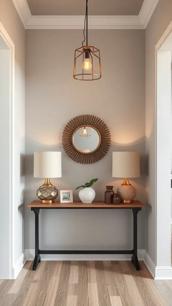 25+ Stunning Entryway Table Decor Ideas You’ll Love 5 A stylish entryway with a wooden table, two lamps, a mirror, and a pendant light.