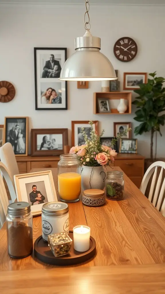 25+ Stunning Kitchen Table Decor Ideas to Elevate Your Space 14 A kitchen table decorated with family photos, a vase of flowers, and jars of ingredients.