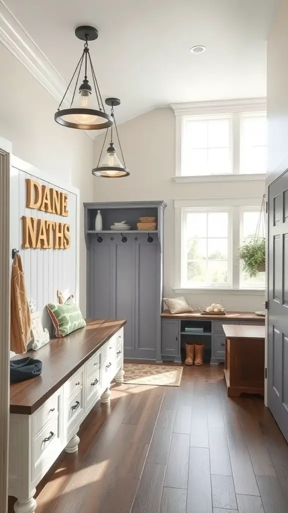 27+ Mudroom Ideas to Elevate Your Space 16 A well-lit mudroom with stylish pendant lights, large windows, and a cozy seating area.