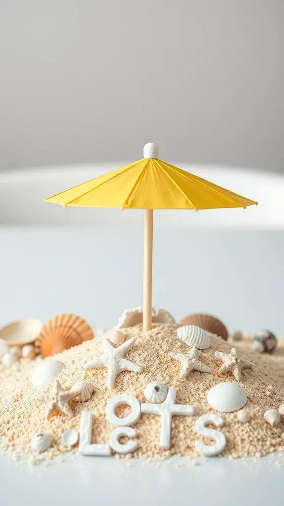 29+ Gorgeous Dollar Tree Centerpieces You Can Create for Any Occasion 4 A beach-themed centerpiece featuring a yellow umbrella, sand, seashells, and starfish.