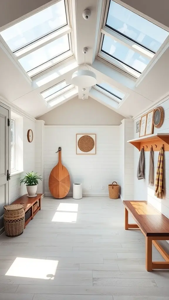 25+ Stylish Mudroom Lighting Ideas to Illuminate Your Space 14 A bright mudroom with multiple skylights and natural decor.