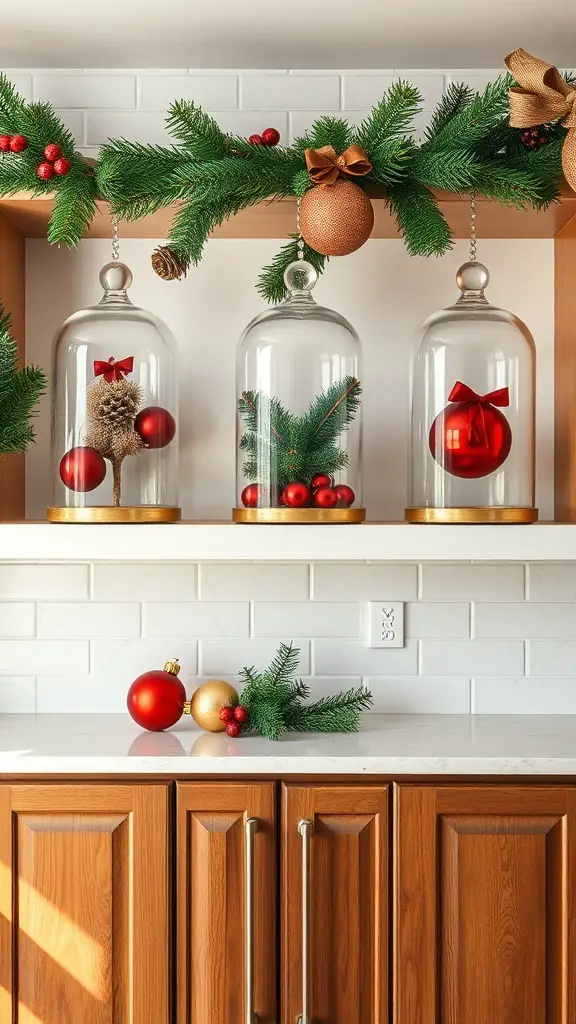 29+ Creative Christmas Decor Ideas for Above Kitchen Cabinets 5 Three glass cloches displaying Christmas decorations above kitchen cabinets