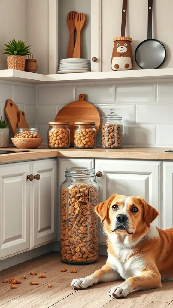 27+ Creative Mason Jar Storage Ideas for a Clutter-Free Home 7 A cozy kitchen with mason jars filled with dog treats and a dog sitting nearby.