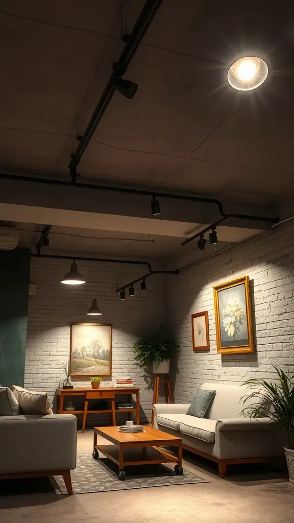 A cozy basement living area featuring track lighting, a comfortable sofa, and decorative artwork.