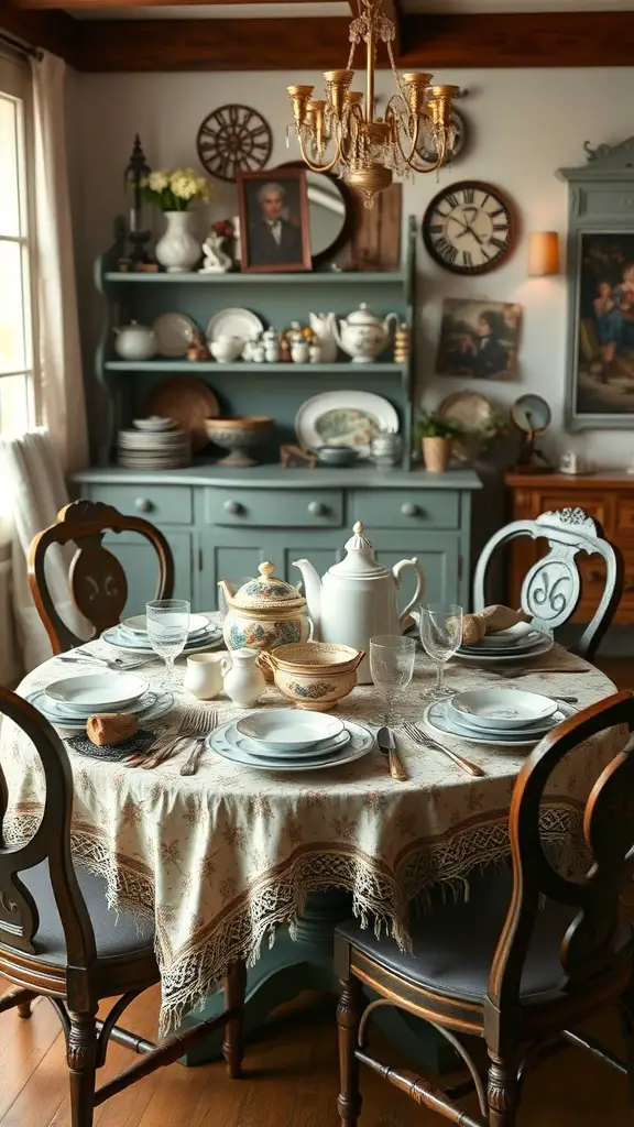 29+ Stunning Dining Room Table Decor Ideas 6 A vintage dining room table set with elegant tableware, featuring a lace tablecloth and ornate teapot.