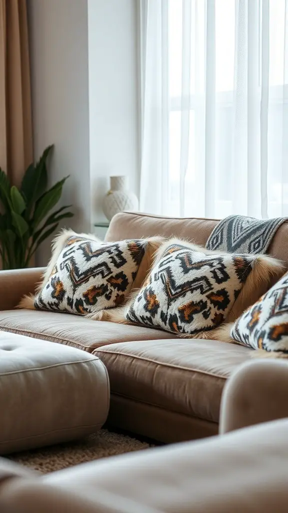 Faux fur animal print pillows on a stylish sofa