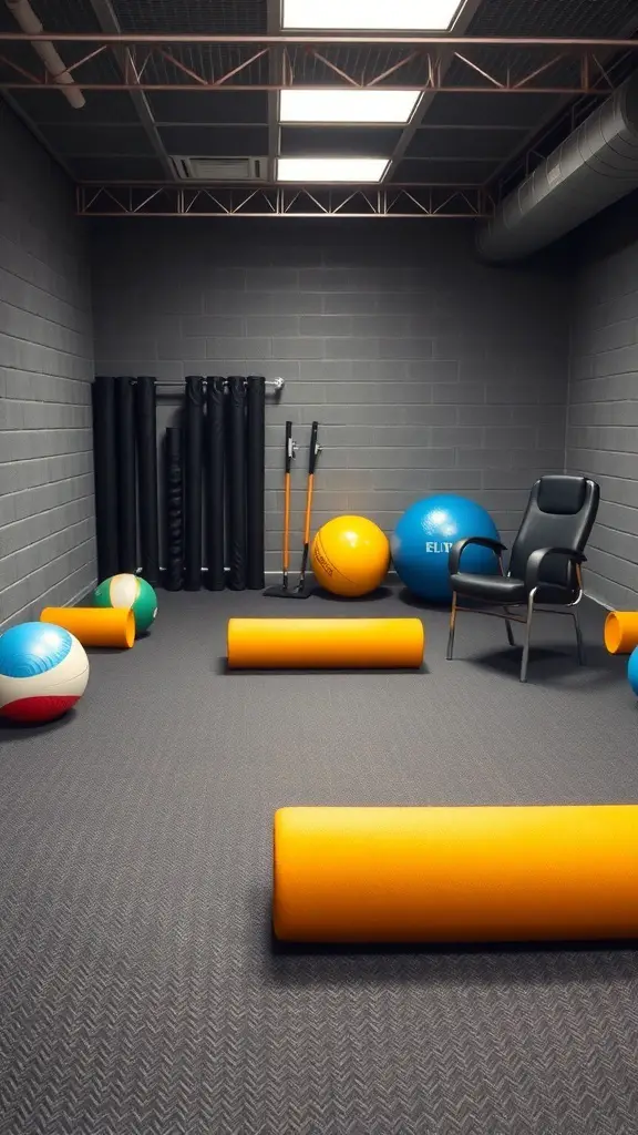 A basement gym recovery zone featuring foam rollers, massage balls, exercise balls, and a chair.