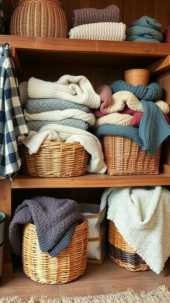 29+ Creative Sweater Storage Ideas to Maximize Your Closet Space 5 A shelf with woven baskets filled with neatly folded sweaters in various colors.
