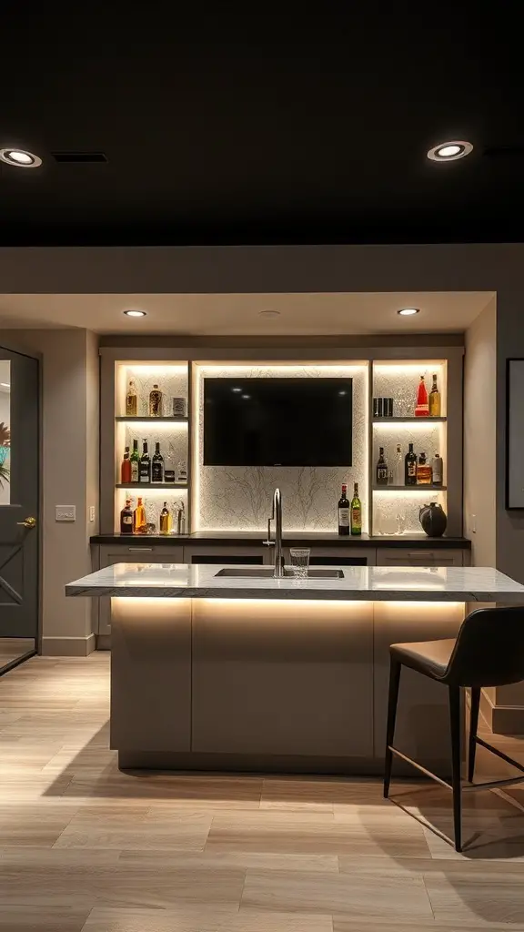 A modern wet bar with a TV, featuring stylish cabinetry and a variety of liquor bottles.