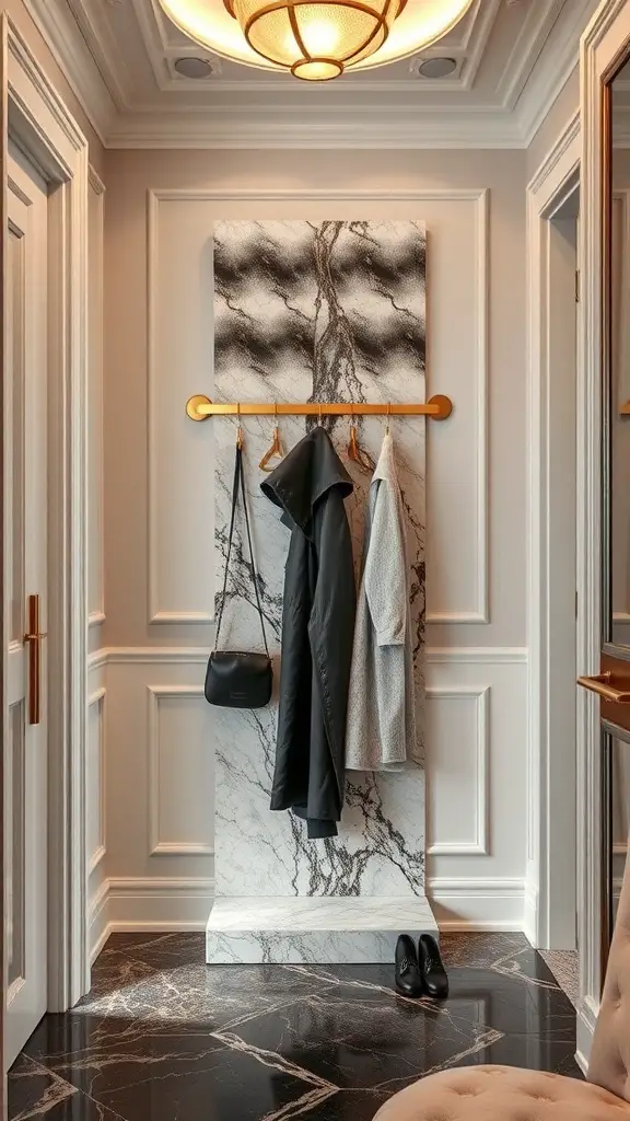 A luxury coat rack featuring a marble backdrop and golden hooks, showcasing coats and accessories in a stylish entryway.