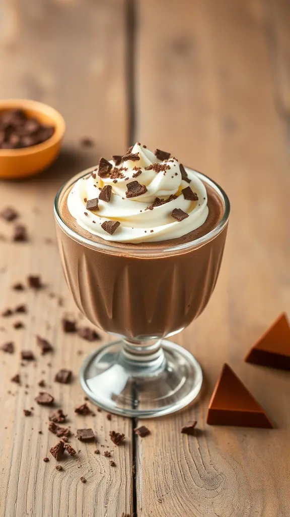 25+ Irresistible Chocolate Desserts You Must Try 7 A glass of silky chocolate mousse topped with whipped cream and chocolate shavings, with chocolate pieces scattered around.
