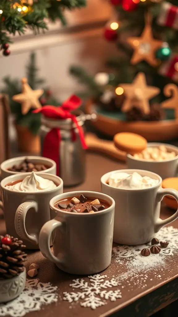 29+ Festive Christmas Brunch Buffet Ideas 16 A cozy hot chocolate station with mugs of hot chocolate, topped with whipped cream and chocolate chips, surrounded by festive decorations.