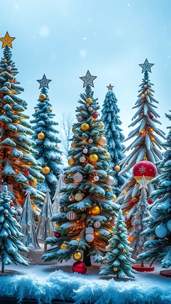 A beautiful display of crystal Christmas trees decorated with colorful ornaments and lights, creating a festive atmosphere.