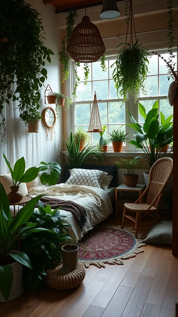 A cozy bedroom filled with various indoor plants, featuring a bed, a woven chair, and a large window.