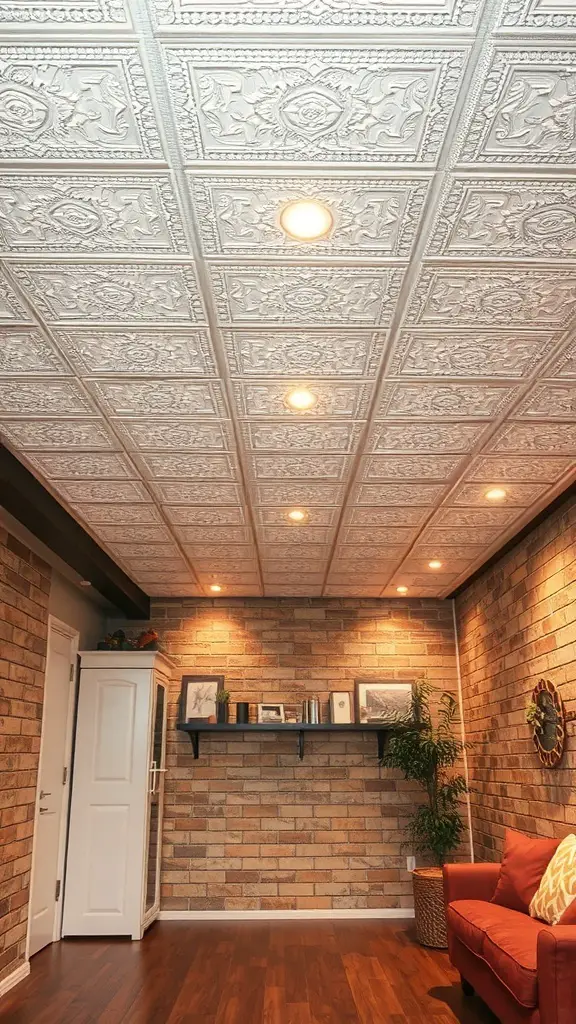 A drop ceiling with decorative tiles and recessed lighting in a cozy basement