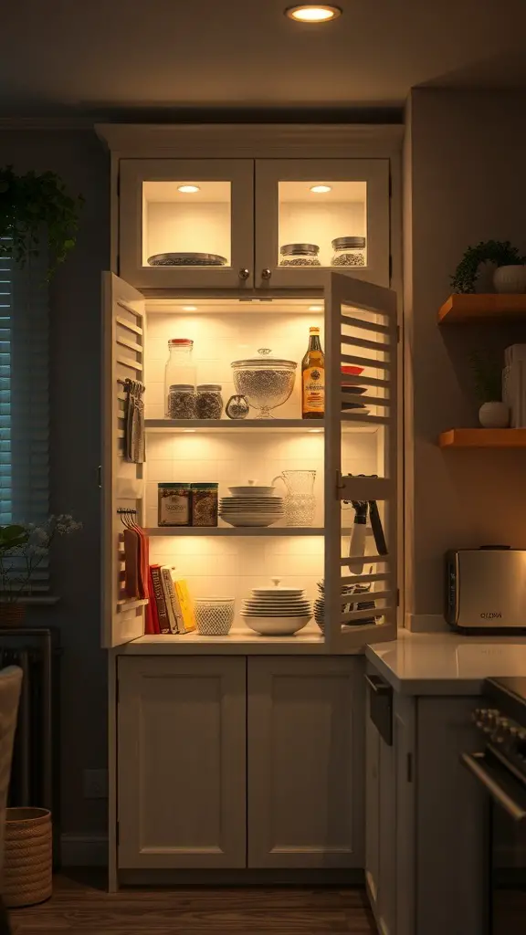 A corner kitchen cabinet with warm lighting showcasing dishes and decor.