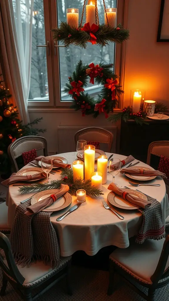 27+ Stunning Christmas Table Settings for Round Tables 7 Cozy candlelit dinner table setting with candles and greenery
