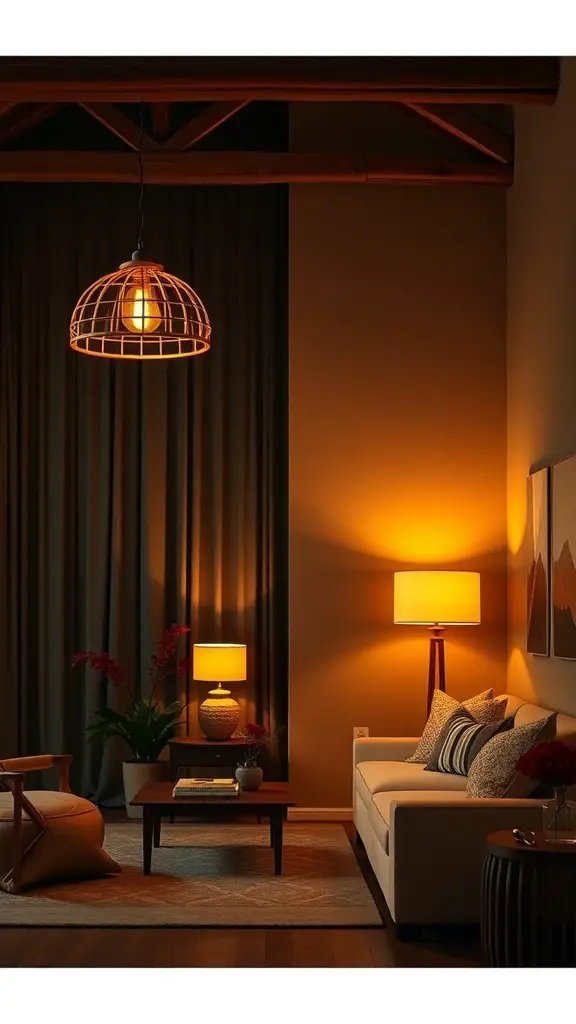 27+ Earthy Living Room Ideas with 15 Must-Have Items 15 A cozy living room with earthy lighting fixtures, featuring a hanging cage light and a table lamp, creating a warm atmosphere.