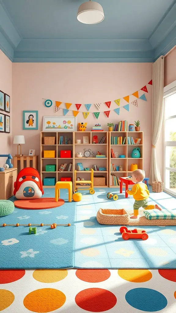 A colorful toddler boy's room with playful rugs, bright furniture, and cheerful decorations.