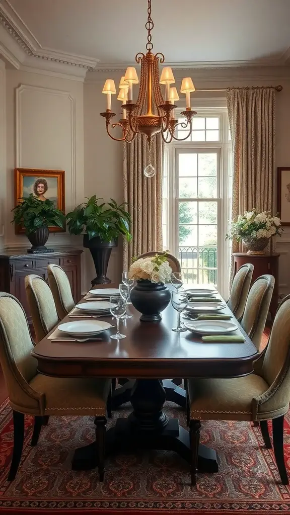 A beautifully arranged dining room featuring a wooden table, elegant chairs, a chandelier, and plants.