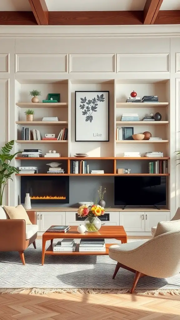 A stylish living room with built-in shelves displaying books, plants, and decorative items, featuring a cozy seating area and a TV.
