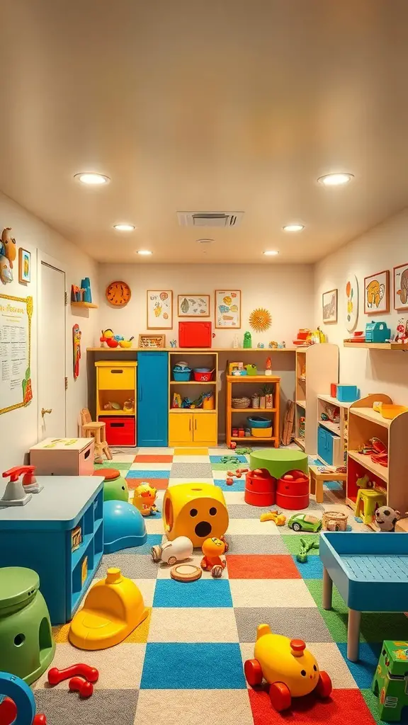 29+ Inspiring Basement House Ideas for Your Next Home Project 7 A colorful basement playroom filled with toys and play areas for kids.
