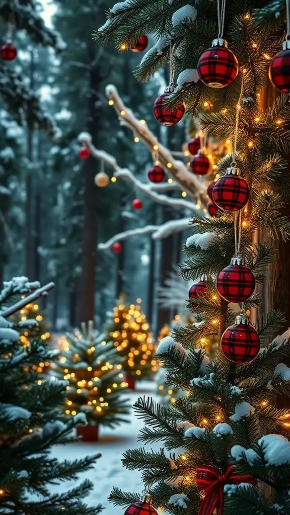 27+ Festive Tartan Christmas Decorations to Elevate Your Holiday Decor 11 A snowy pine forest decorated with red plaid Christmas ornaments and twinkling lights.