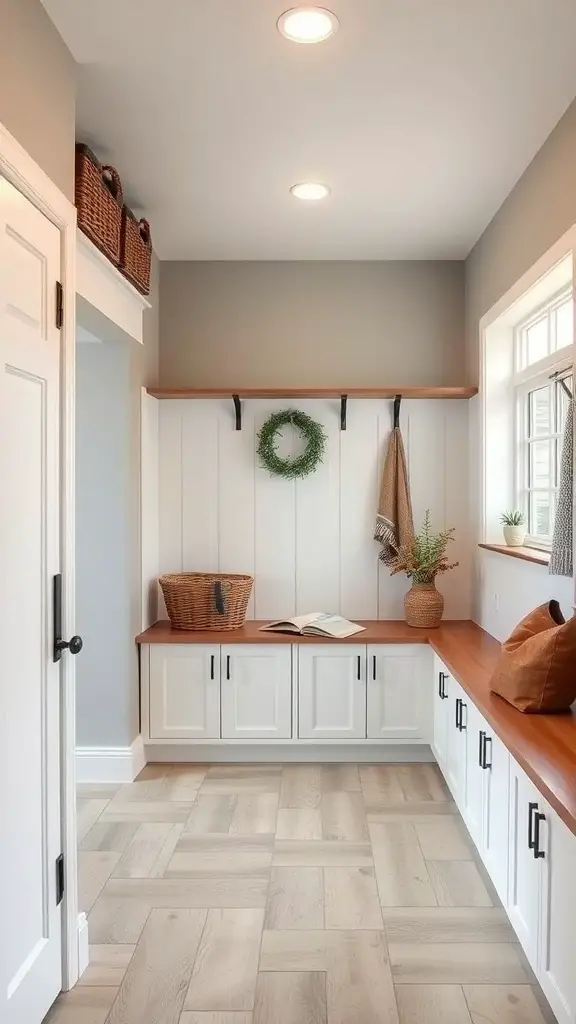 27+ Stylish IKEA Mudroom Ideas for a Functional Space 15 A modern mudroom with a bench, storage cabinets, and natural light.