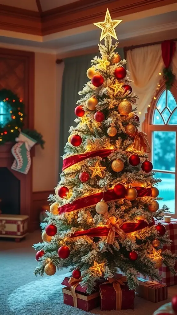 A frosted Christmas tree decorated with red and gold ornaments, featuring a star on top and gifts underneath.