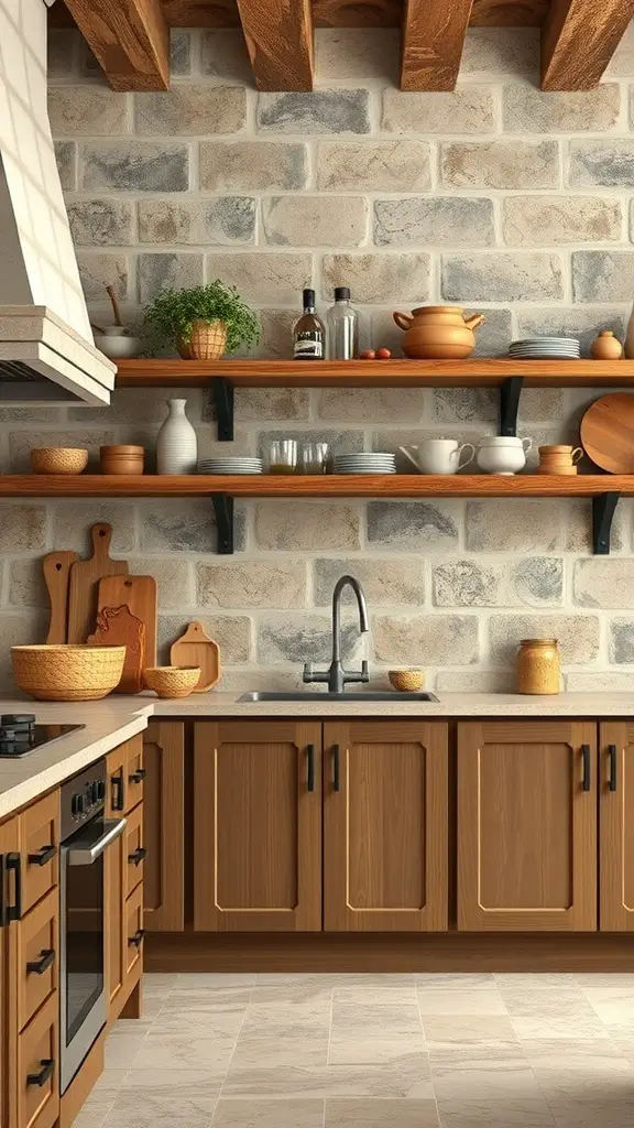 A rustic kitchen with wooden cabinets, stone walls, and open shelves displaying pottery.