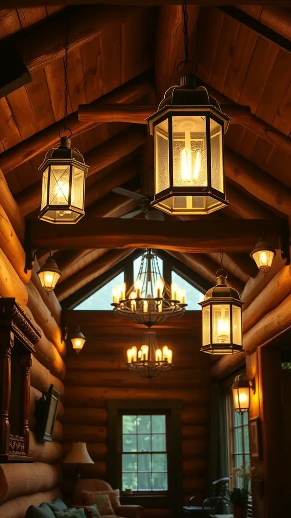 Interior of a log cabin with various hanging light fixtures and a cozy atmosphere