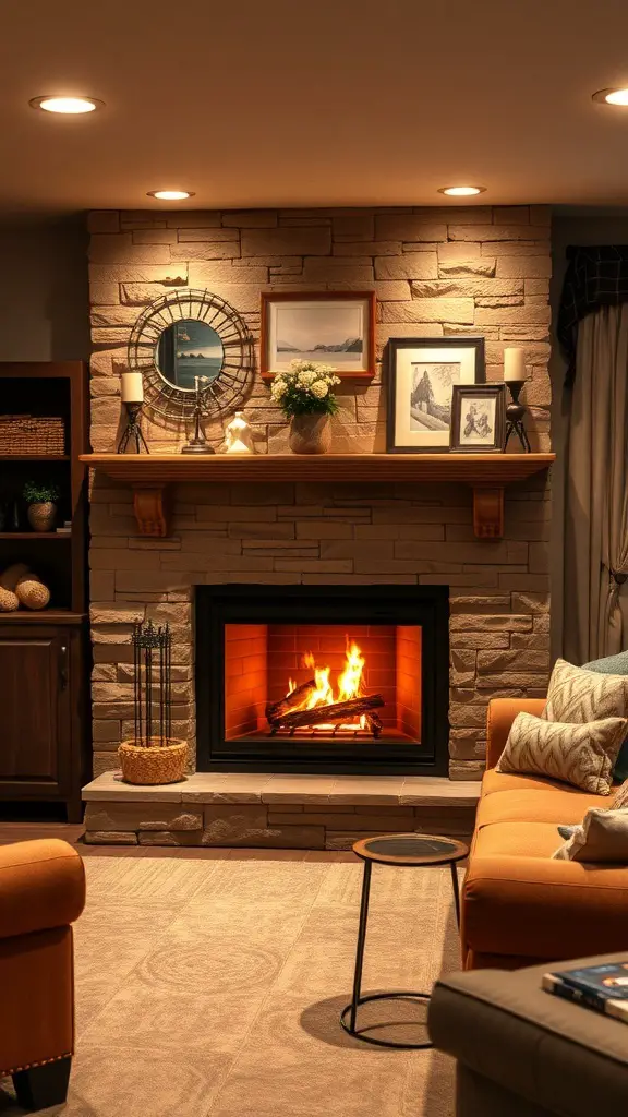 Cozy fireplace corner in a basement family room with stone wall, orange couch, and decorative items.