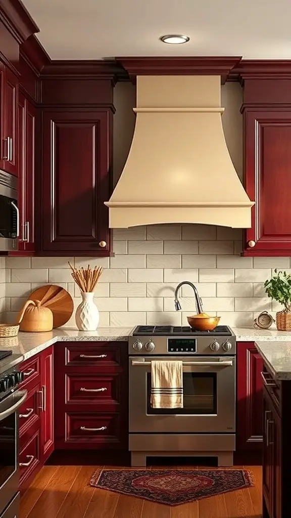 27+ Stunning Kitchen Color Palette Ideas for Your Home Makeover 14 A kitchen featuring deep burgundy cabinets and cream accents, with a stylish hood and wooden elements.