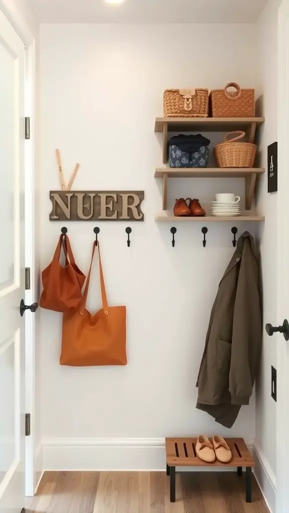 27+ Mudroom Ideas to Elevate Your Space 15 A compact mudroom with wall-mounted shelves, hooks for bags and jackets, and a small bench for shoes.