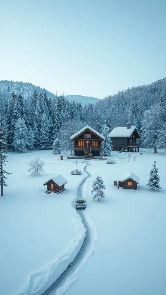 A beautiful winter cabin surrounded by snow-covered trees
