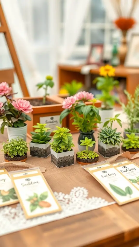 27+ Enchanting for a Garden Wedding Ideas Celebration 12 A display of potted plants and seed packets for garden wedding favors.
