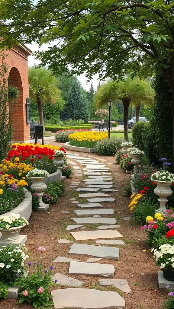29+ Stunning Garden Border Ideas to Transform Your Outdoor Space 3 A winding stone pathway surrounded by colorful flower beds in a garden.