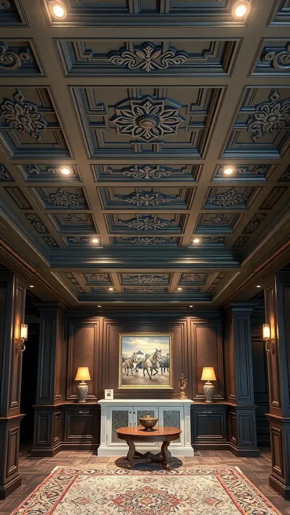 Elegant coffered ceiling design in a basement with recessed lighting and dark wood paneling.