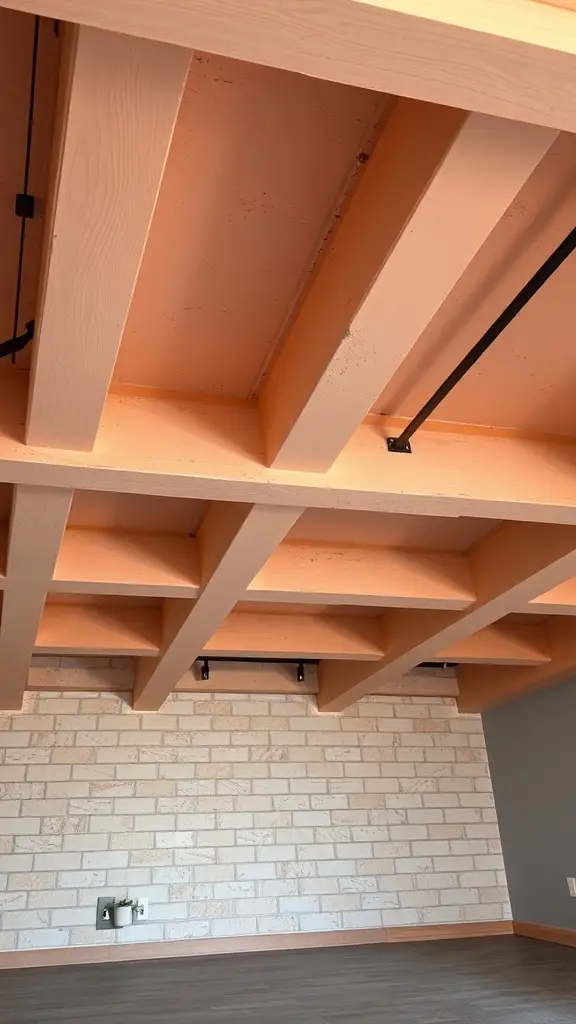 Painted exposed beams in a basement with a light peach color and a brick wall.