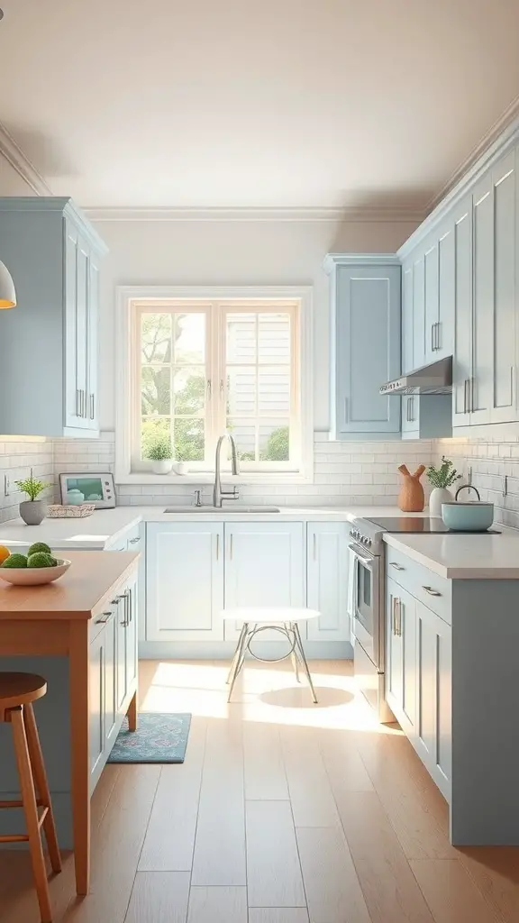 29+ Stunning Ideas for Blue Kitchen Cabinets 9 A bright kitchen featuring soft pastel blue cabinets, a wooden island, and natural light.