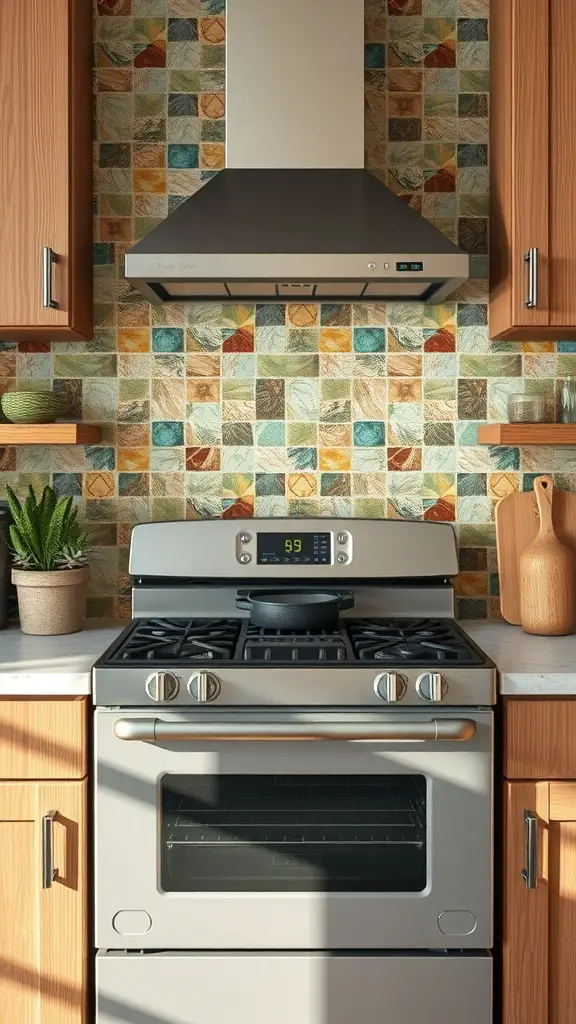 27+ Inspiring Stove Backsplash Ideas You’ll Love 14 A modern kitchen with a stove and a colorful backsplash made from recycled materials.