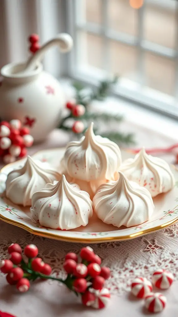 23+ Delightful Christmas Sweet Ideas You Must Try This Holiday Season 14 A plate of peppermint meringue cookies decorated with festive red and white accents.