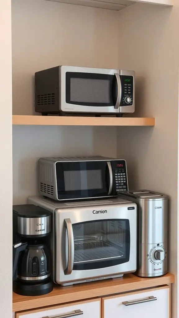 Compact appliances in a basement kitchenette including a microwave, toaster oven, coffee maker, and kettle.