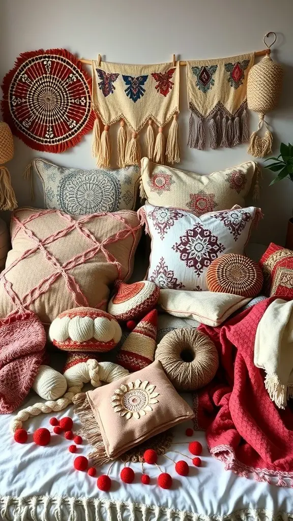 27+ Boho Bedding Ideas to Transform Your Bedroom Style 10 A collection of handmade boho bedding items including pillows, throws, and wall hangings in warm colors.