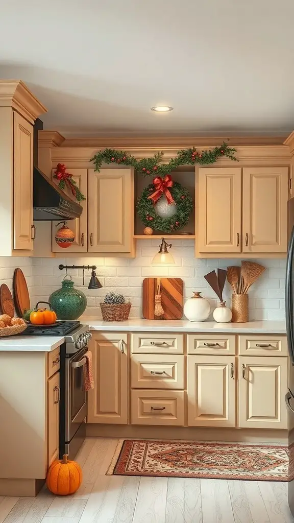 A cozy kitchen with beige cabinets decorated for the season, featuring a wreath, pumpkins, and warm lighting.