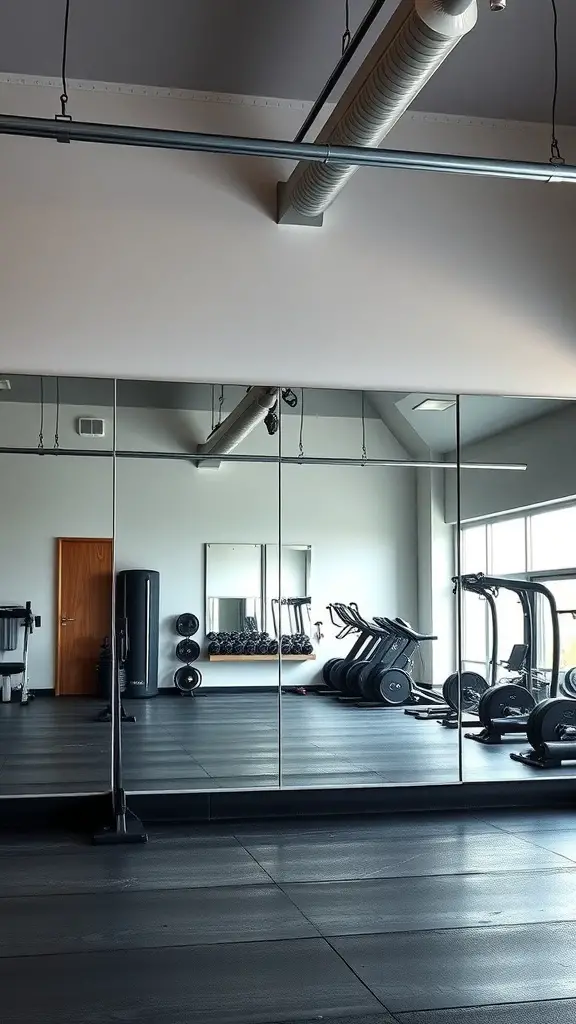 27+ Inspiring Half Garage Gym Ideas for Your Home Workout Space 12 A spacious garage gym featuring a mirror wall, workout equipment, and a sleek design.